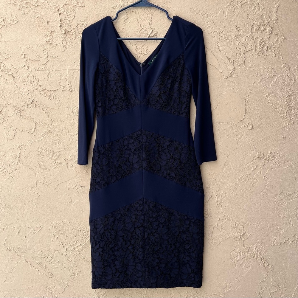 Lauren Ralph, formal dress with floral lace. Very Navy color! Size 2.